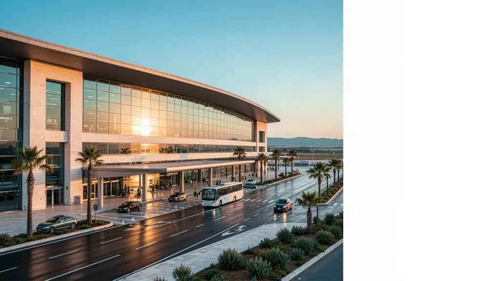 Facciata moderna in vetro del terminal dell'Aeroporto Internazionale Bari Karol Wojtyła all'ora del tramonto con corsie di sosta e vegetazione mediterranea