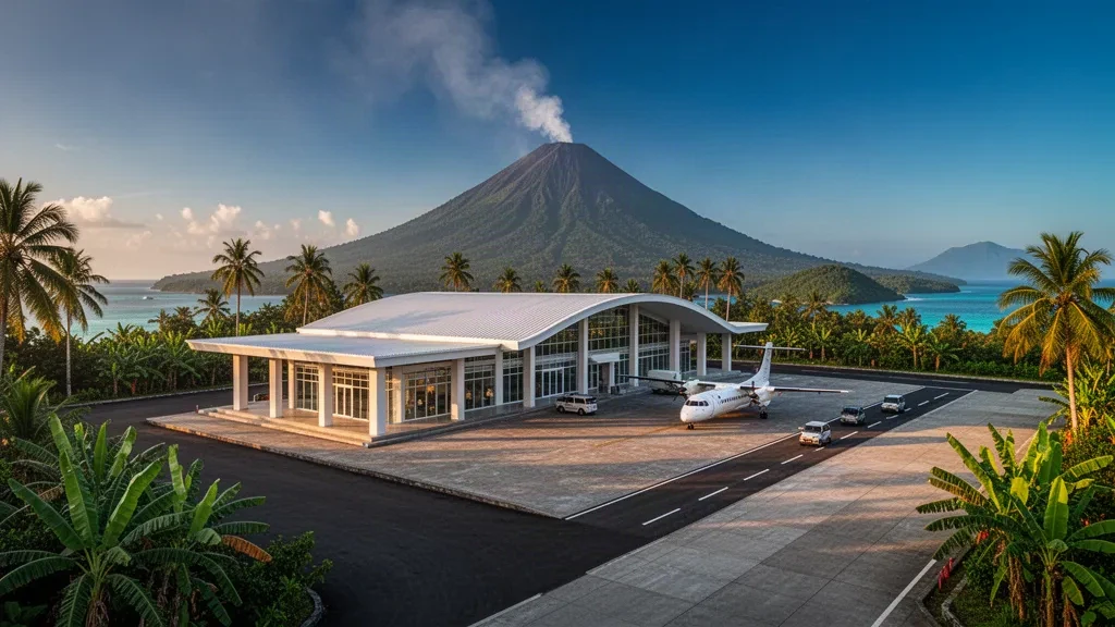 Tropisches Terminal und Vorfeld am Flughafen Siau/Sitaro auf der Insel Siau, Nord-Sulawesi, mit einem Vulkan im Hintergrund