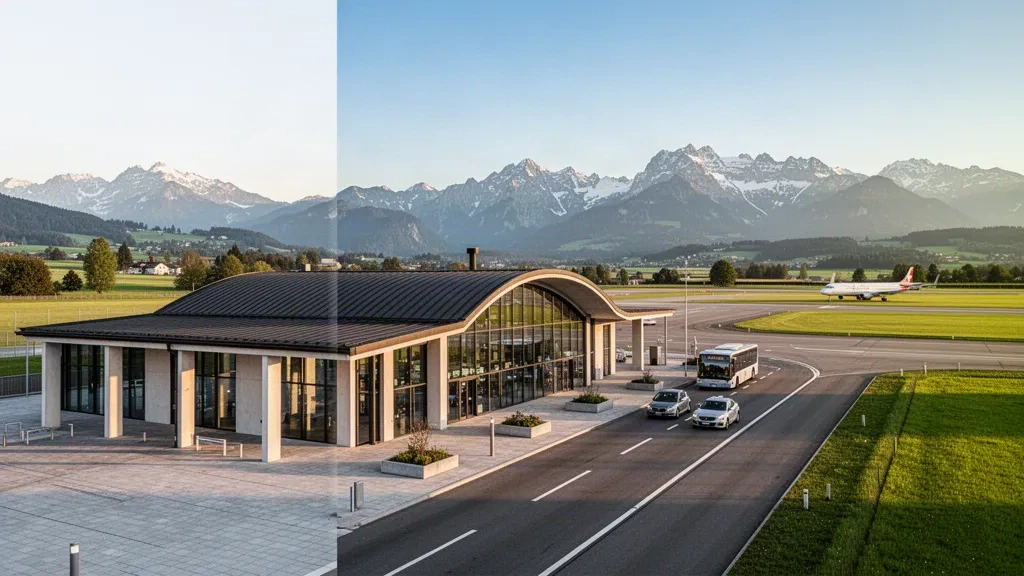 Moderner gläserner Terminal am Flughafen Bern in Belp mit den Berner Alpen hinter dem Vorplatz