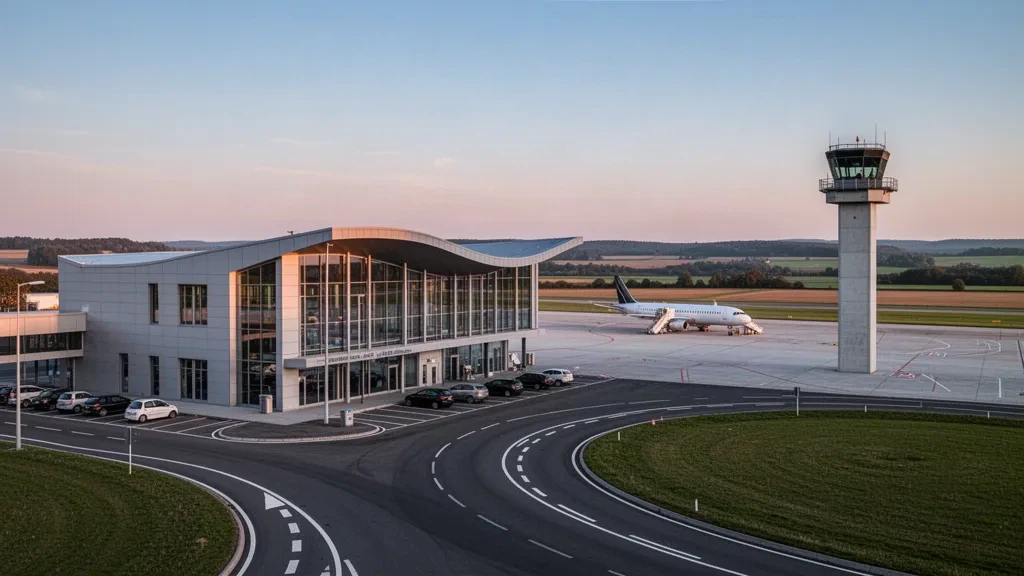Moderne Glasfassade des Terminals am Flughafen Brno-Tuřany im Morgenlicht, mit leerem Vorfeld und Kontrollturm dahinter.