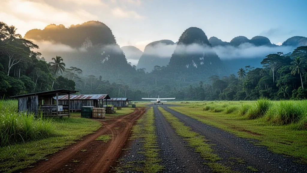 Pista remota del aeropuerto de Biaru en Papúa Nueva Guinea, una estrecha pista de aterrizaje en las tierras altas rodeada de selva tropical y crestas montañosas brumosas al amanecer