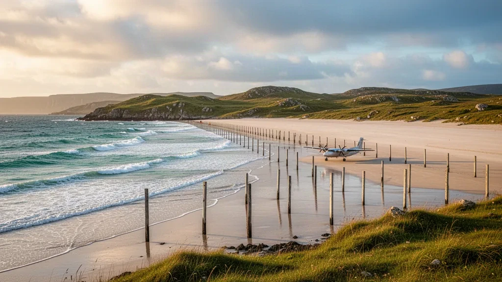 Veduta all'ora d'oro della pista sulla spiaggia tidale dell'Aeroporto di Barra a Traigh Mhòr, con le onde dell'Atlantico, indicatori in legno e le dune delle Ebridi