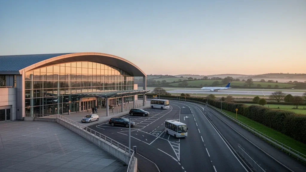 North Somerset'teki Bristol Havalimanı'nda altın saatlerde modern cam terminal binasının dış cephesi ve yolcu indirme alanı