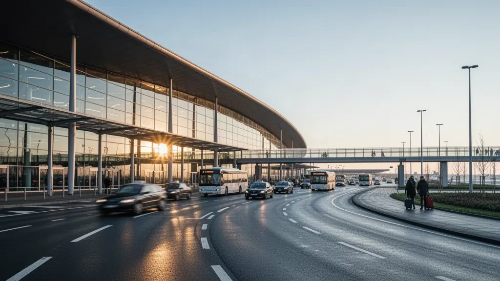 Exterior moderno de terminal de cristal en el aeropuerto de Bruselas en Zaventem con carriles de descenso, vías de acceso y luz de hora dorada