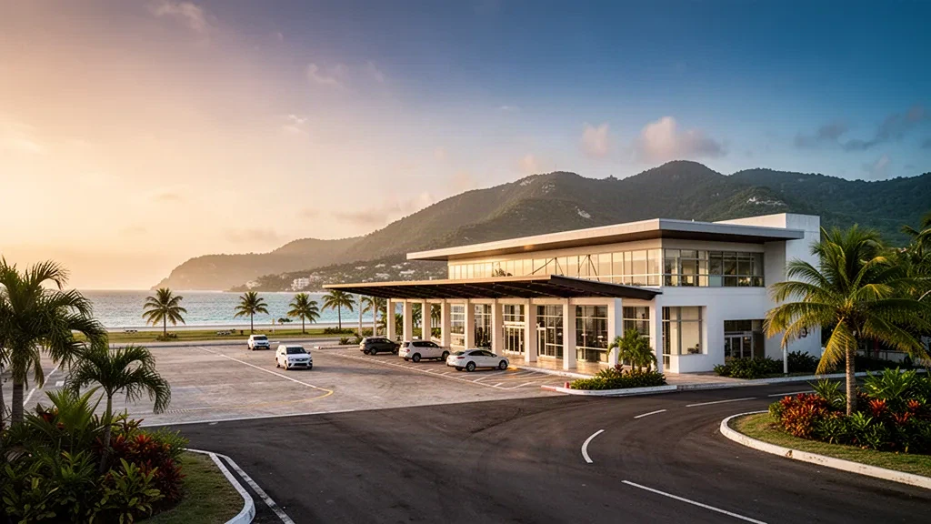 Tropical terminal exterior at Maria Montez International Airport near Barahona, framed by palms with coastal mountains behind