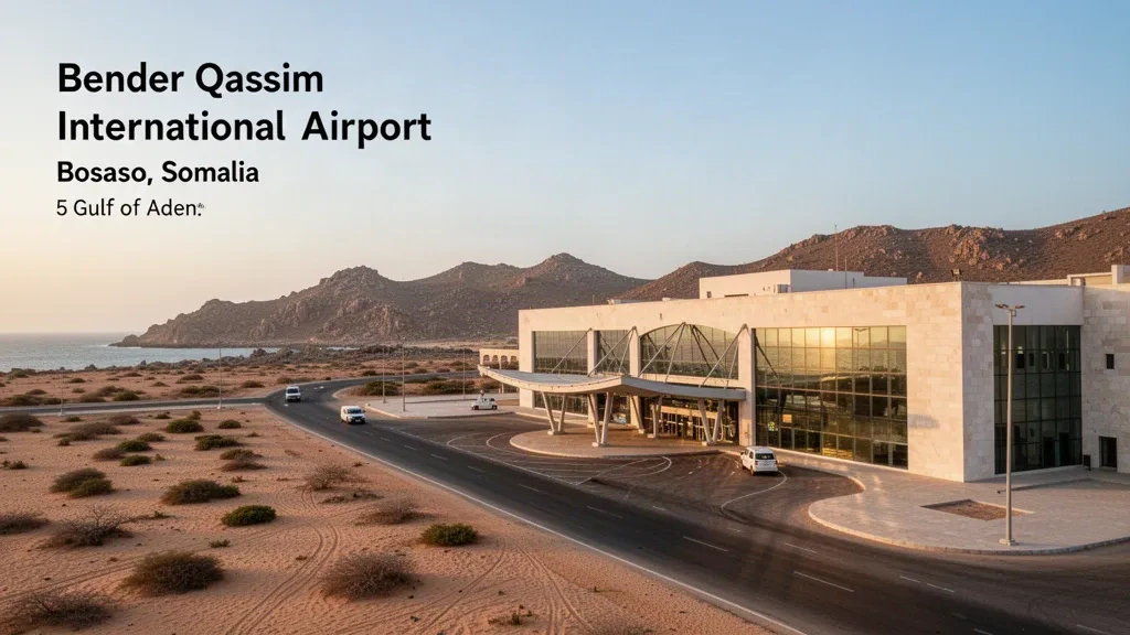 Somali'nin Bosaso kentindeki Bender Qassim Uluslararası Havalimanı'nda sıcak kıyı altın saati ışığıyla yıkanan modern terminal ve yolcu indirme şeritleri
