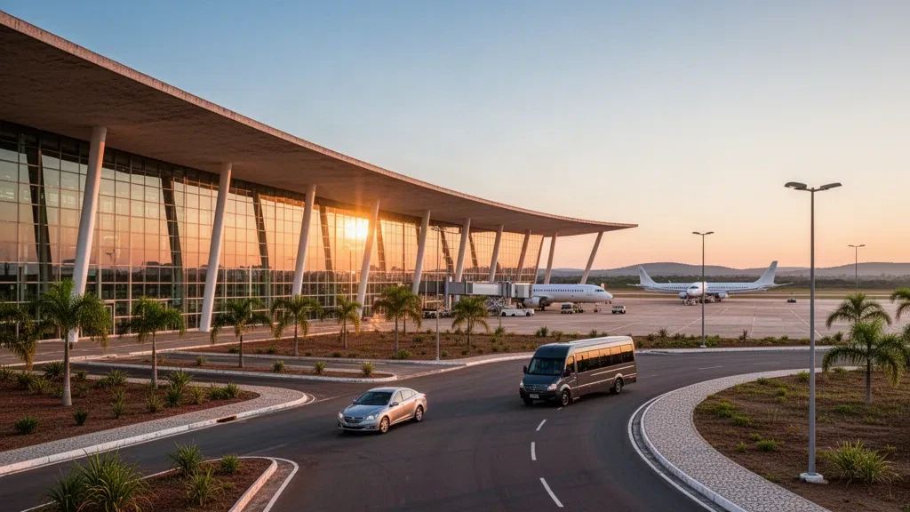 Extérieur moderniste en verre et béton du terminal de l'aéroport international Presidente Juscelino Kubitschek de Brasília à l'heure dorée