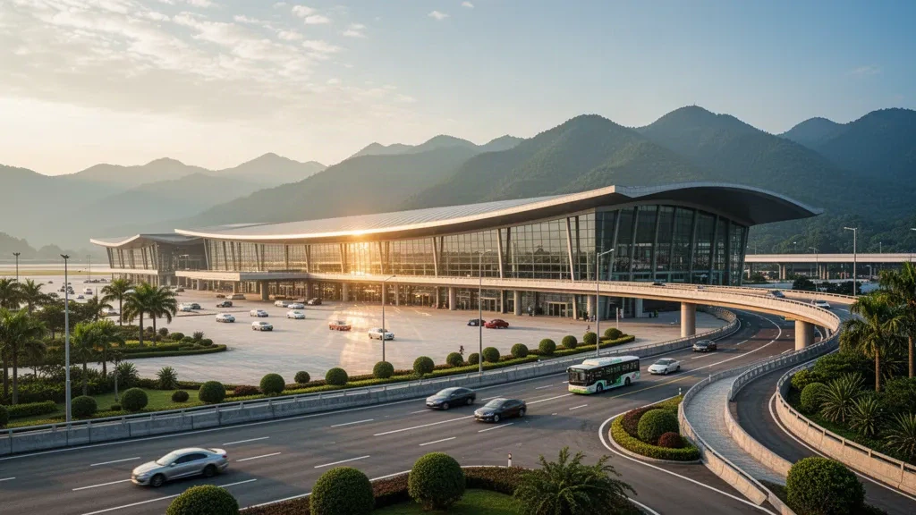Terminal moderno in vetro e strada di accesso curva all'aeroporto di Baoshan Yunrui nello Yunnan, incorniciati da montagne verdi nell'ora dorata