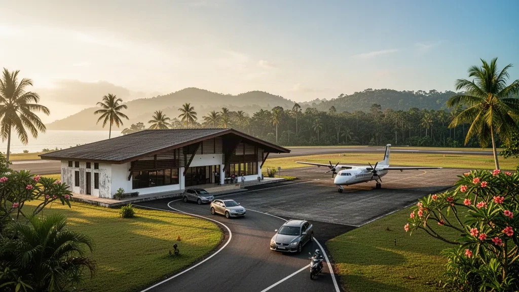 Kleines tropisches Terminal, Vorfeld und kurze Start- und Landebahn am Flughafen Sematan in Sarawak, Malaysia, in goldenes Nachmittagslicht getaucht.