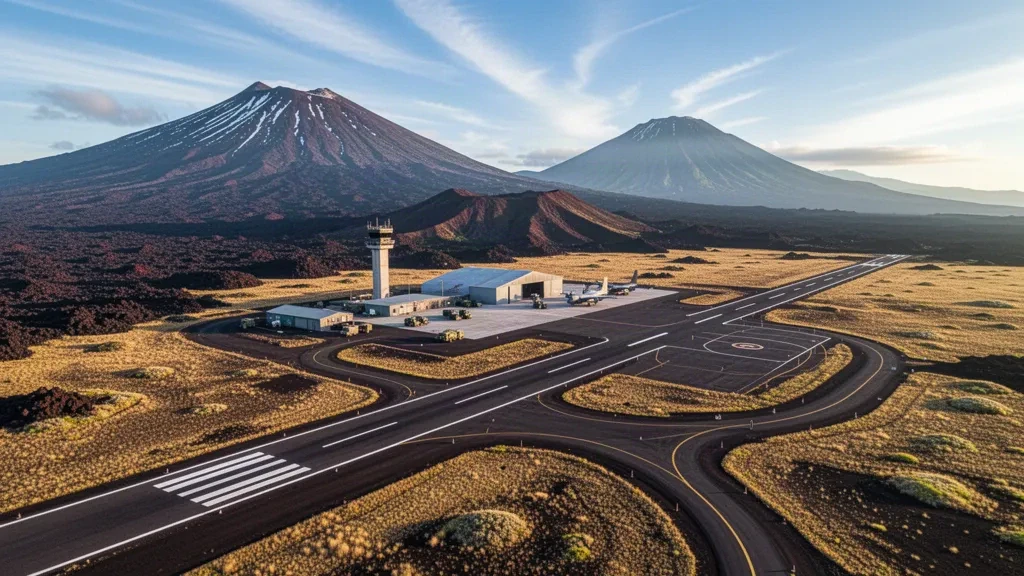 Bradshaw Army Airfield runway and terminal apron on Hawaii's high volcanic plateau between Mauna Kea and Mauna Loa