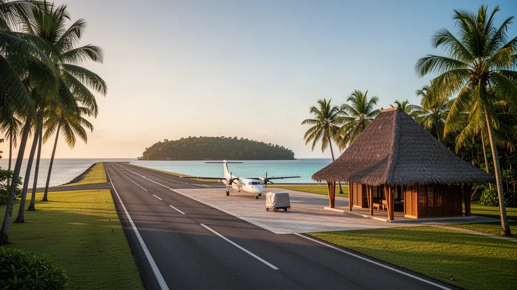Piste d'atterrissage d'une île tropicale avec un petit turbopropulseur stationné à côté d'un pavillon ouvert au toit de chaume à l'aéroport de l'île de Balesin, dans le Quezon, aux Philippines