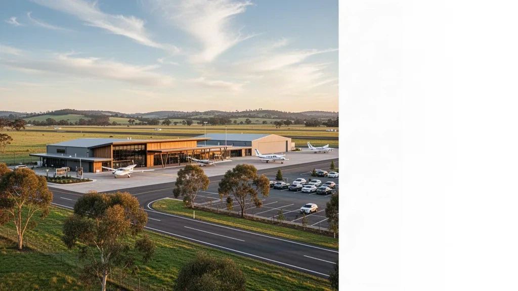 Victoria'daki Bairnsdale Havalimanı'nda modern bölgesel terminal, apronda hafif uçaklar ve altın saatte kırsal Gippsland manzarası.