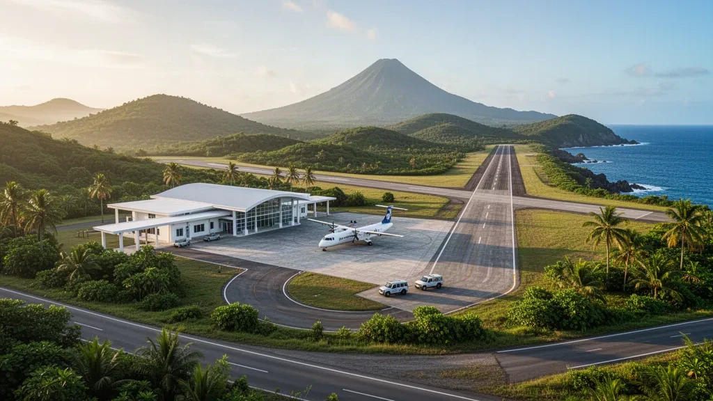 Basco Airport terminal and runway framed by green Batanes hills and Mount Iraya under warm tropical golden-hour light
