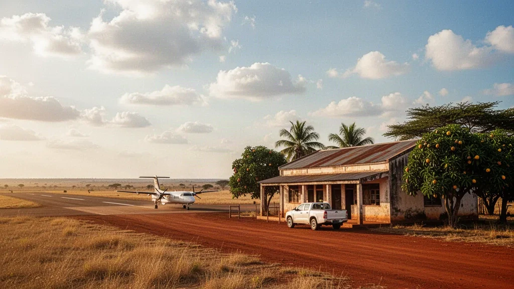 Petite piste régionale à l'aéroport de Bossangoa en République centrafricaine à l'heure dorée, avec une piste en terre rouge et un ciel de savane ouvert