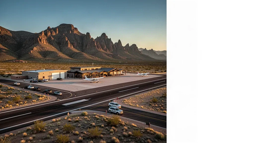 Pista e hangar dell'Aeroporto Bisbee Municipal in Arizona con montagne dell'alto deserto sotto una calda luce dorata