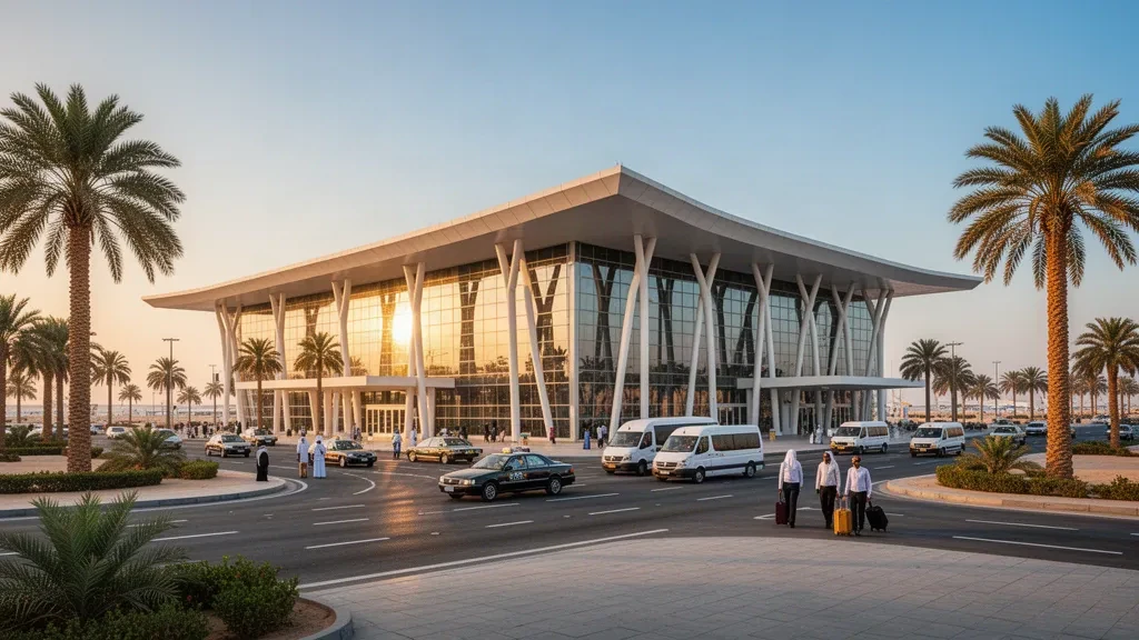 Irak'taki Basra Uluslararası Havaalanı'nda palmiye ağaçları ve gün batımında erişim yollarıyla modern cam terminal cephesi