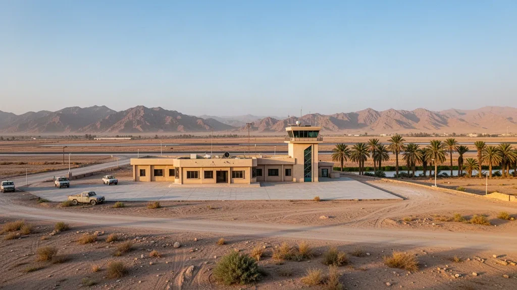 Bâtiment terminal et tarmac de l'aéroport de Bost près de Lashkar Gah dans la province d'Helmand sous une chaude lumière désertique de fin d'après-midi
