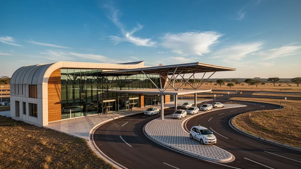 Terminal aeroportuaria regional moderna y carril de descenso en Balsas, Maranhão, Brasil, rodeada de paisaje de Cerrado con luz de hora dorada