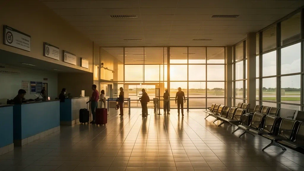 Vue intérieure du terminal BSS de l'aéroport de Balsas, dans le Maranhão, au Brésil, montrant la zone d'enregistrement et des passagers en attente.