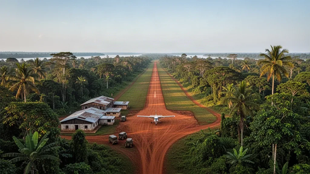 Pista remota in laterite e piccoli edifici terminal dell'aeroporto di Basankusu circondati dalla fitta foresta pluviale del bacino del Congo