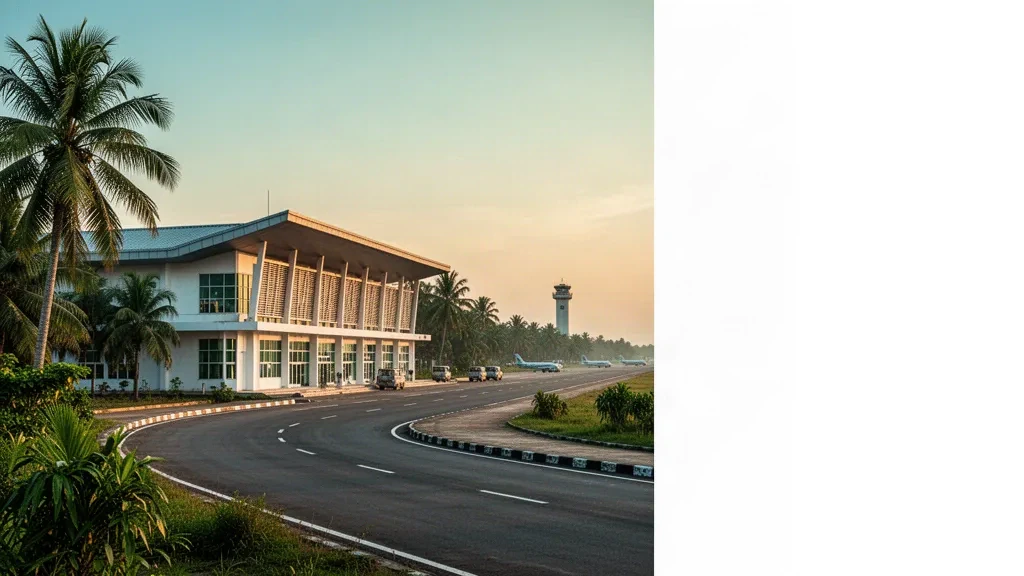 Low-rise tropical terminal and runway at Pathein Airport in Myanmar with palm trees, golden-hour light and clean space for travel page content.