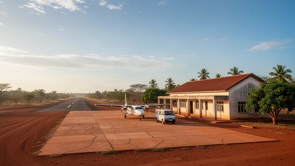 Pequeña terminal regional y pista tropical en el Aeropuerto de Besakoa, Madagascar, durante la cálida luz de la hora dorada