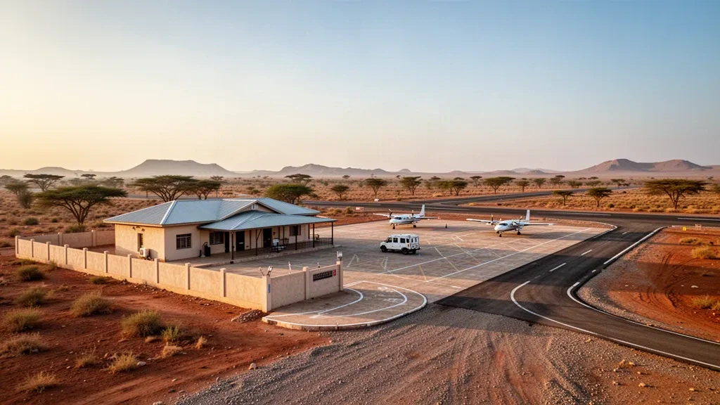 Somali'deki Baardheere Havalimanı'nın altın saat ışığındaki görünümü; mütevazı bir terminal, tozlu apron ve kurak savanaya uzanan pist.