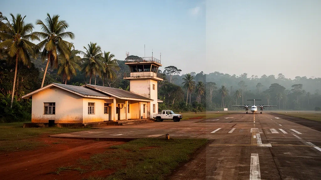 Low-rise terminal and quiet apron at Bertoua Airport in eastern Cameroon, framed by tropical trees in warm late afternoon light