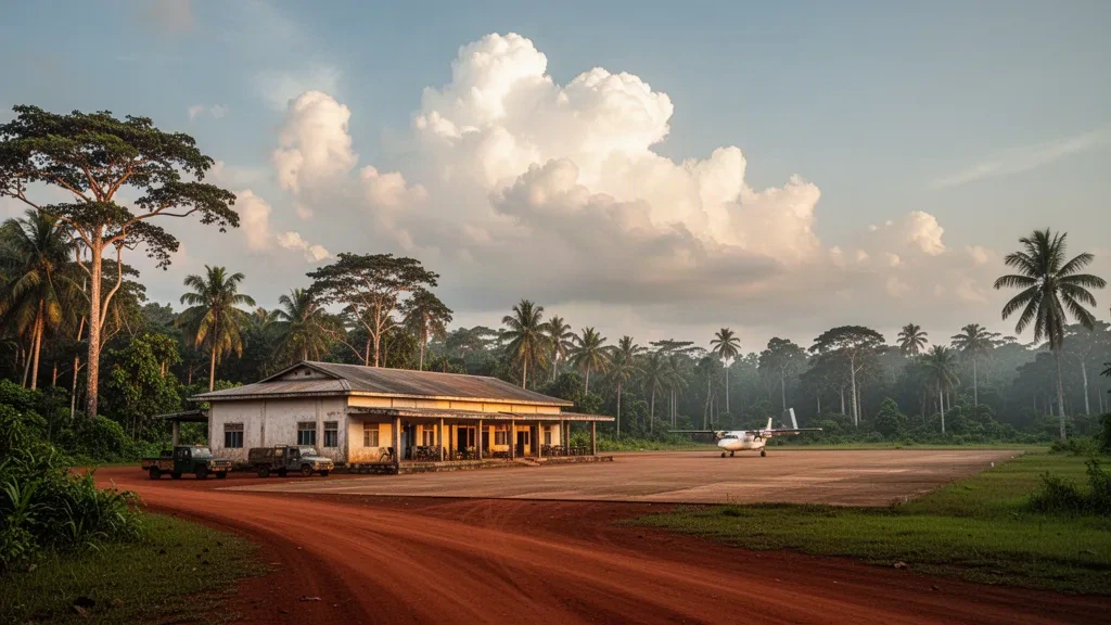 Small tropical terminal and apron at Betou Airport in the Republic of the Congo, framed by lush Congo Basin rainforest