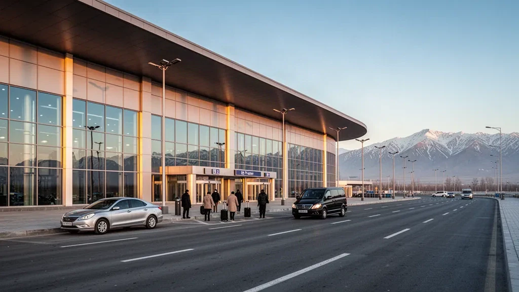 Terminal moderna de cristal y carriles de descenso en el Aeropuerto Internacional de Manas en Biskek, con las montañas Tian Shan en la hora dorada