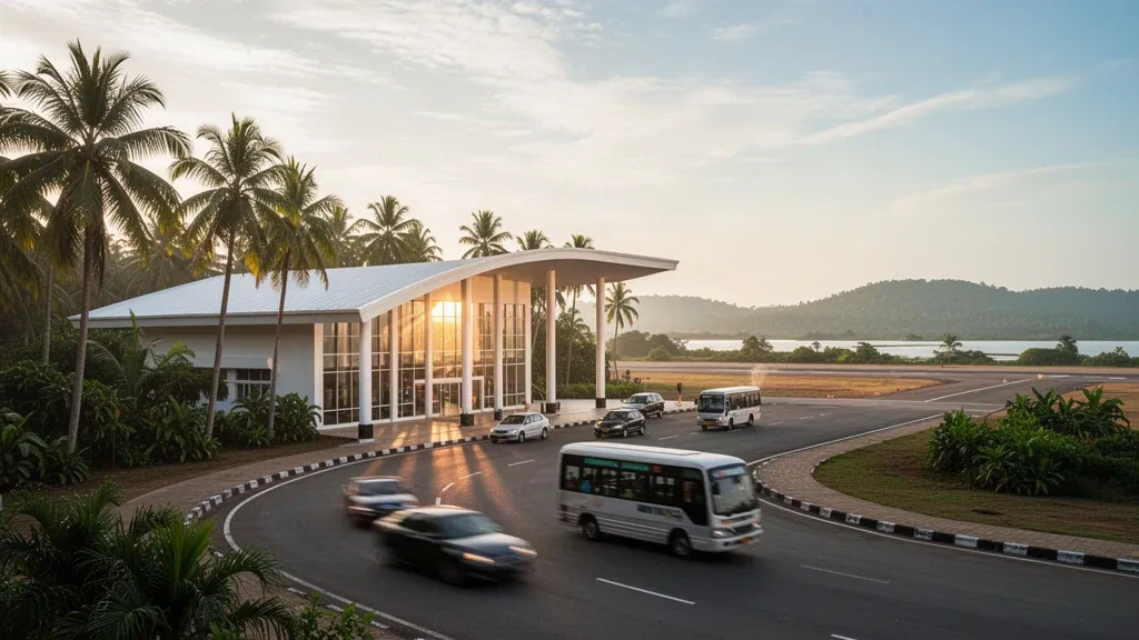 Exterior de una terminal tropical de baja altura en el Aeropuerto Internacional de Batticaloa, en Sri Lanka, rodeada de palmeras cocoteras bajo una cálida luz dorada