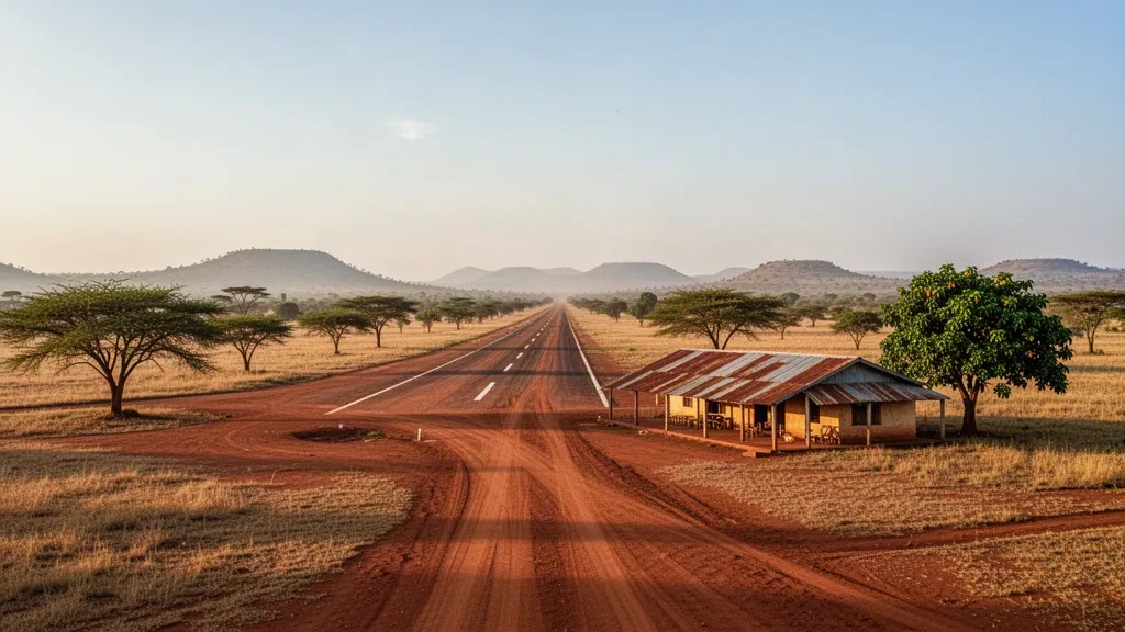 Rural Batangafo Airport airstrip in the Central African Republic with an unpaved runway, small terminal and open savanna under golden-hour light