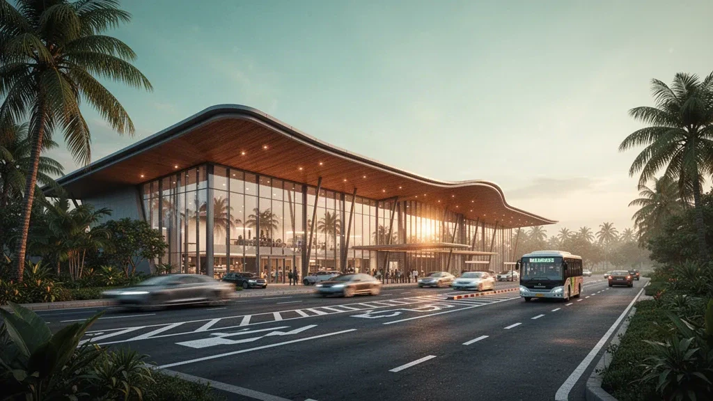 Esterno moderno del terminal in vetro dell'Aeroporto Internazionale Hang Nadim a Batam, incorniciato da palme tropicali durante l'ora d'oro