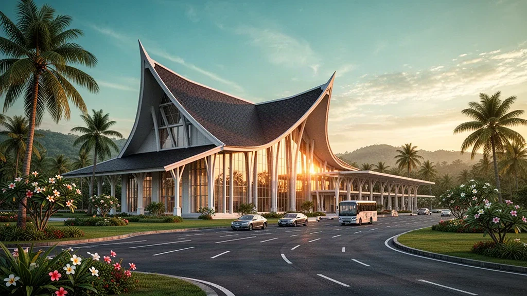 Modern tropical terminal at Sultan Iskandar Muda International Airport in Aceh at golden hour, with palm-lined drop-off lanes