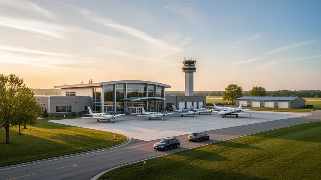Light aircraft and a business jet parked on the ramp outside the modern glass terminal at Battle Creek Executive Airport in Michigan at golden hour