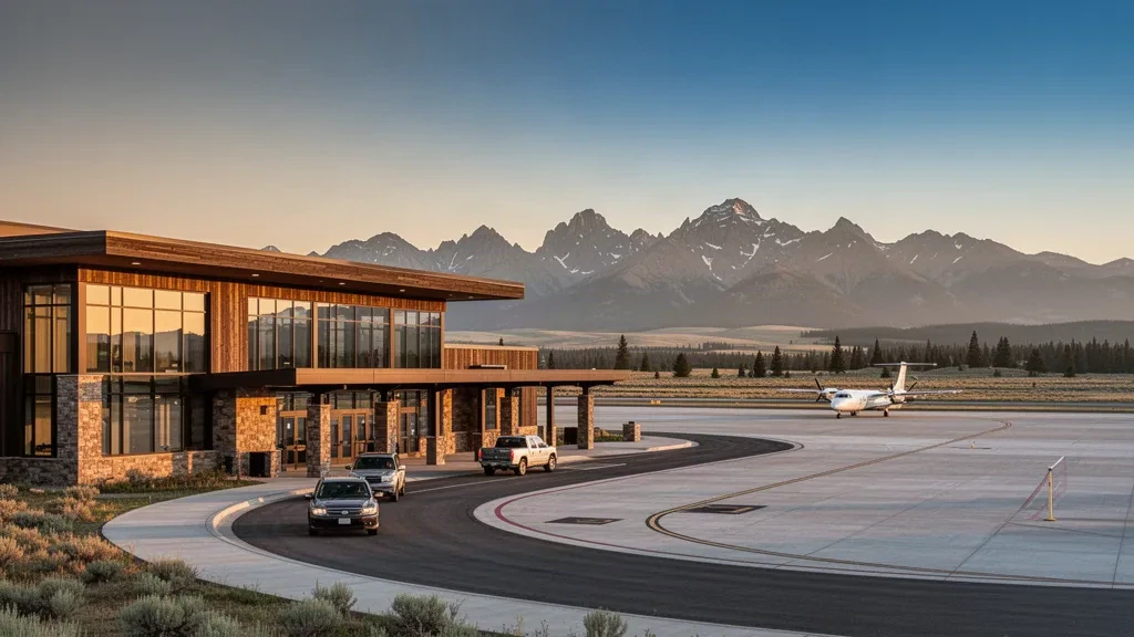 Modern glass and stone terminal at Bert Mooney Airport in Butte, Montana, framed by Rocky Mountain ridges at golden hour