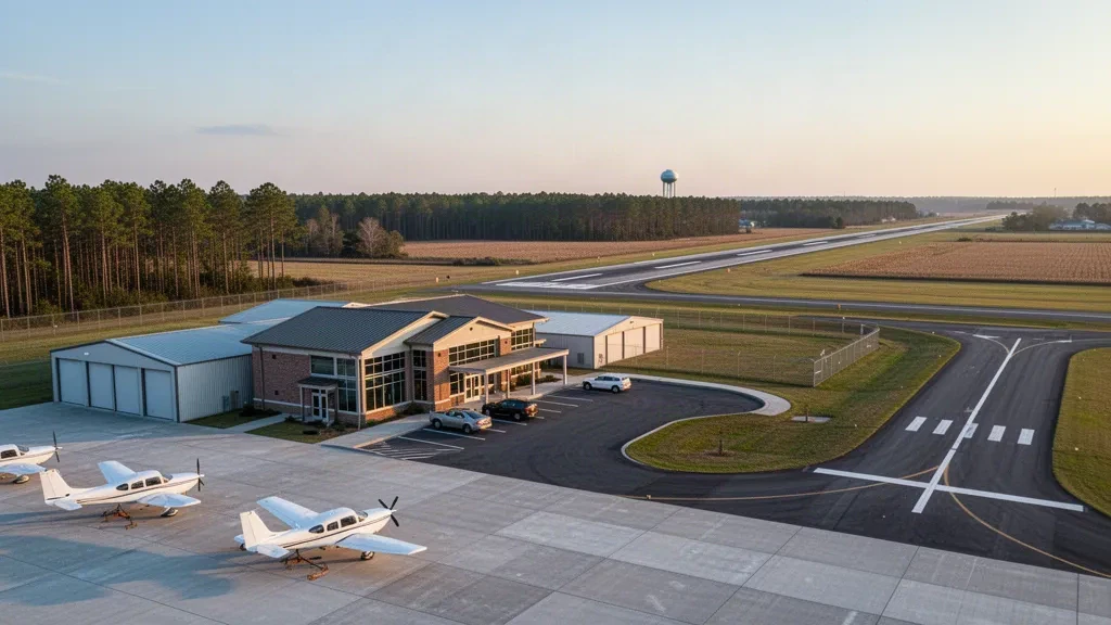 Güney Carolina'daki Marlboro County Jetport - H.E. Avent Field'da terminal binası ve hafif uçak park sahasının altın saat görünümü