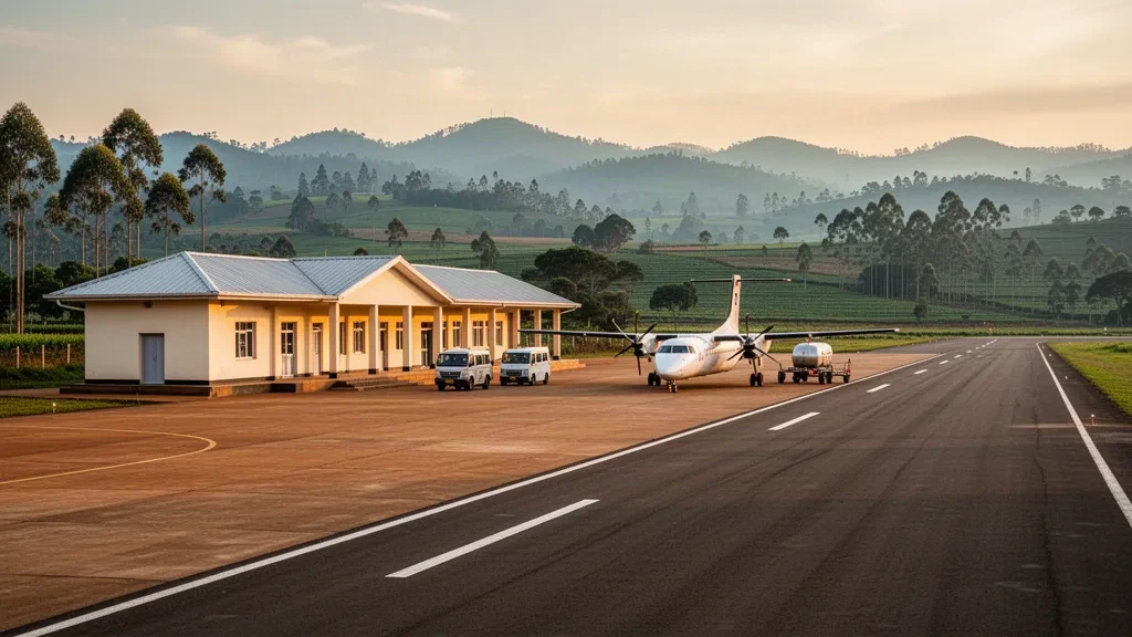Pequeña terminal regional y plataforma en el aeropuerto de Butare, en Huye, Ruanda, rodeadas de colinas verdes bajo la cálida luz del final de la tarde