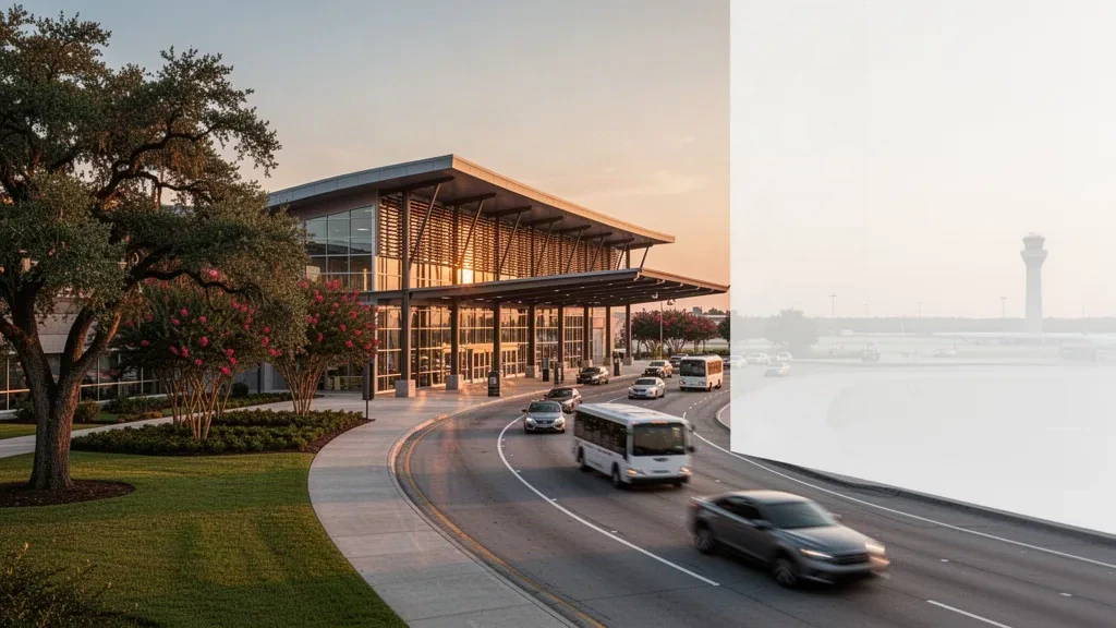 Terminal moderno in vetro e corsie di sosta per la riconsegna passeggeri sul marciapiede del Baton Rouge Metropolitan Airport sotto la calda luce dorata della Louisiana