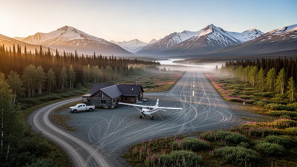 Avión ligero con neumáticos para tundra en la pista de grava del aeropuerto de Bettles, en Alaska, con bosque de abetos y estribaciones de la cordillera Brooks bajo una luz dorada
