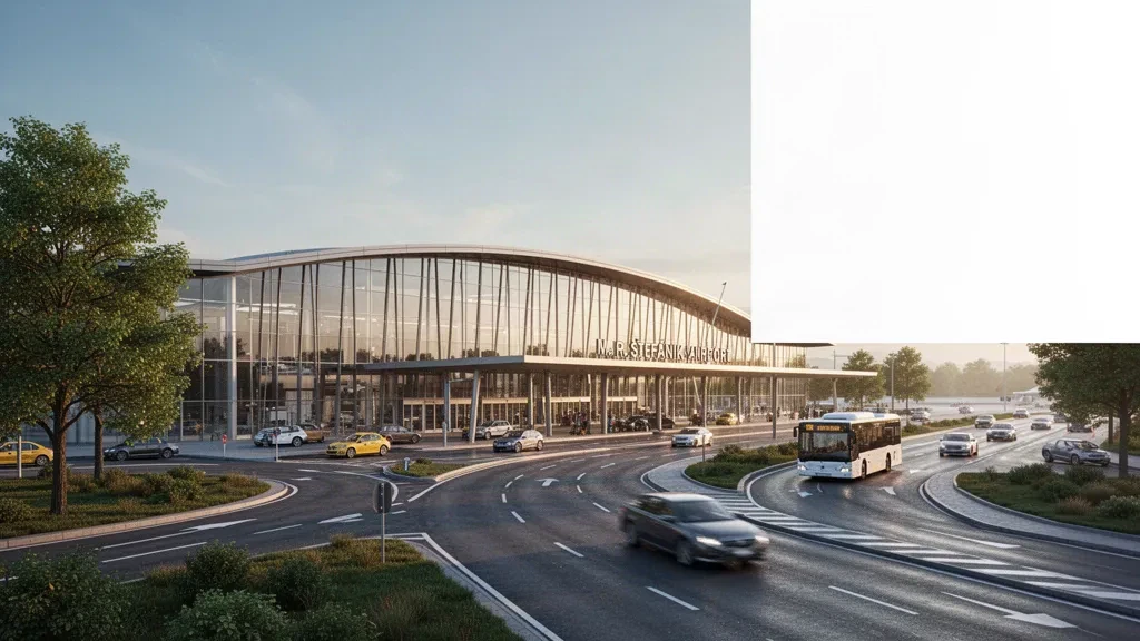 Exterior moderno de terminal de cristal y carriles de descenso en el Aeropuerto M. R. Štefánik de Bratislava bajo una cálida luz de hora dorada