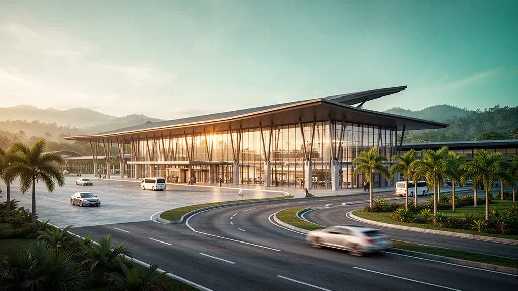 Golden-hour view of Bintulu Airport terminal in Sarawak, Malaysia, with palm-lined drop-off lanes and a glass facade in warm light