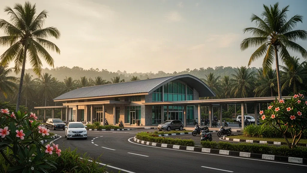 Luce tropicale del mattino sul terminal e sulla corsia di sbarco dell'aeroporto di Bersujud, vicino a Batulicin, Kalimantan Meridionale