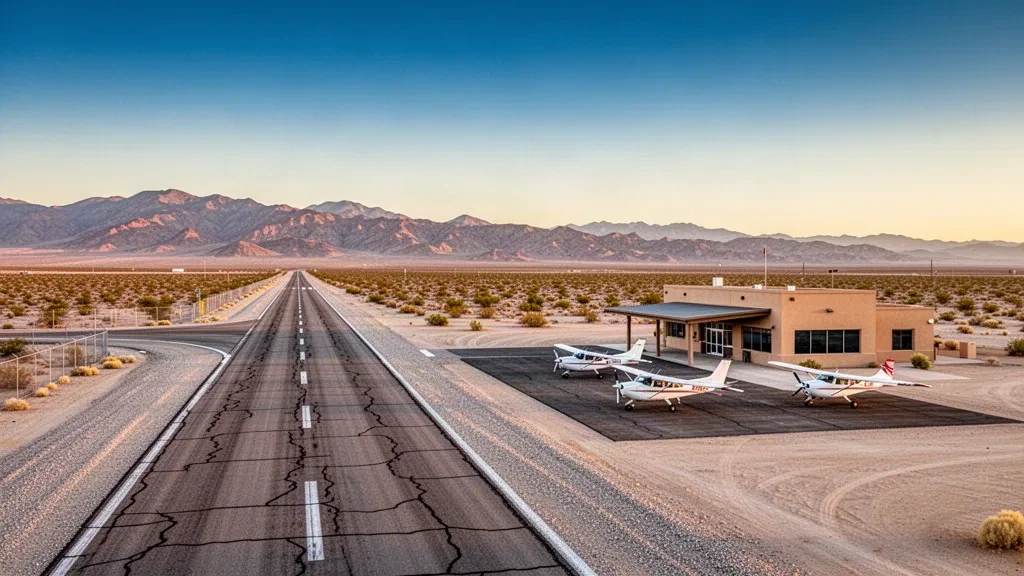 Pequeño aeropuerto de aviación general en el desierto cerca de Beatty, Nevada, con una pista rural, aeronaves ligeras estacionadas y montañas áridas durante la hora dorada