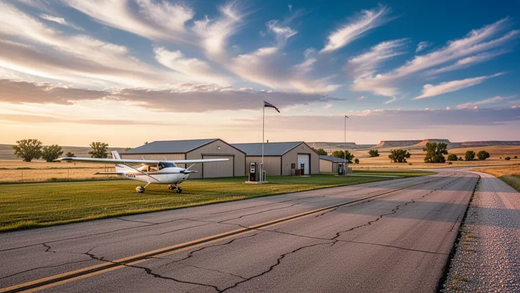 Single-engine aircraft parked beside a quiet rural runway at Cram Field airfield near Burwell, Nebraska, under a wide golden-hour prairie sky