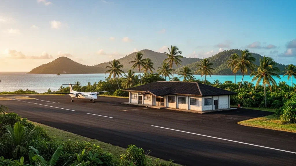 Terminal y plataforma del aeropuerto de una isla tropical en Buka, Bougainville, Papúa Nueva Guinea, con palmeras y un avión turbohélice estacionado