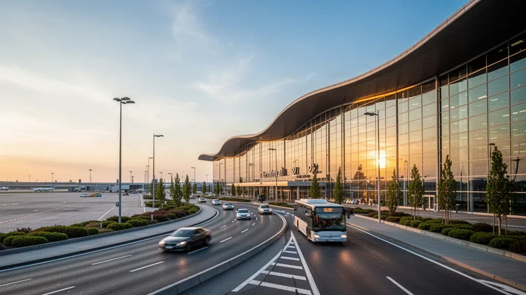 Fachada moderna de cristal y techo curvo de la terminal del Aeropuerto Budapest Liszt Ferenc con carriles de descenso a la hora dorada