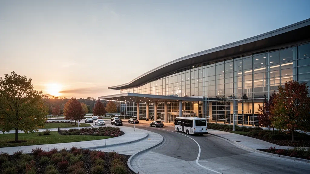 Esterno moderno del terminal in vetro con profilo del tetto curvo al Buffalo Niagara International Airport sotto la luce calda della sera