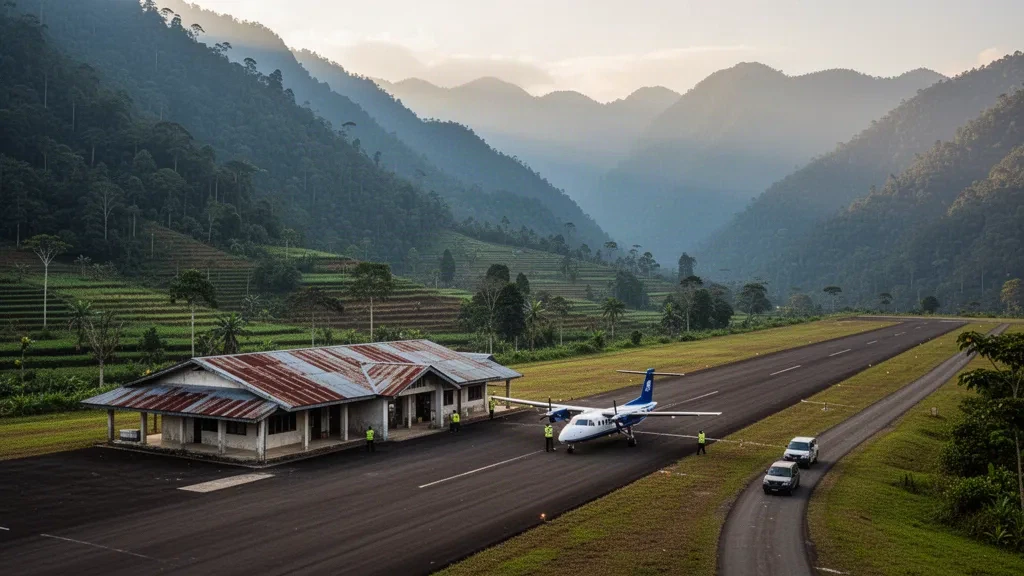 Pequeña pista de aterrizaje de tierras altas y terminal modesta en el aeropuerto de Bokondini, en Papúa, con una avioneta de hélice en la plataforma y montañas verdes brumosas al fondo.