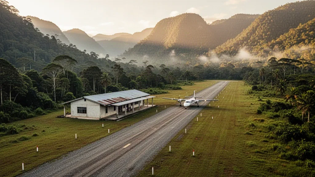 Piccola pista di atterraggio e terminal di montagna all'Aeroporto di Bulolo nella Provincia di Morobe, Papua Nuova Guinea, circondati da montagne di foresta pluviale nebbiosa all'alba